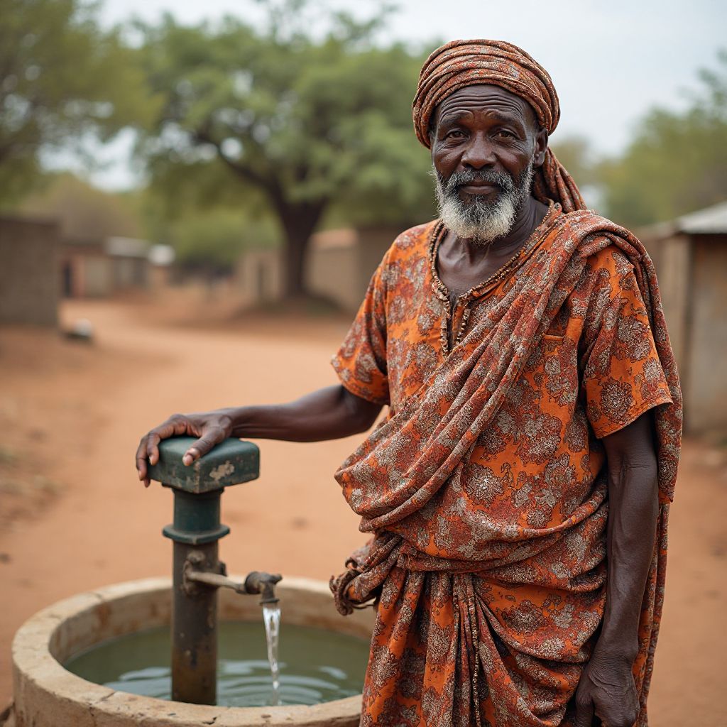 Olori abule ti o duro lẹba kanga omi titun